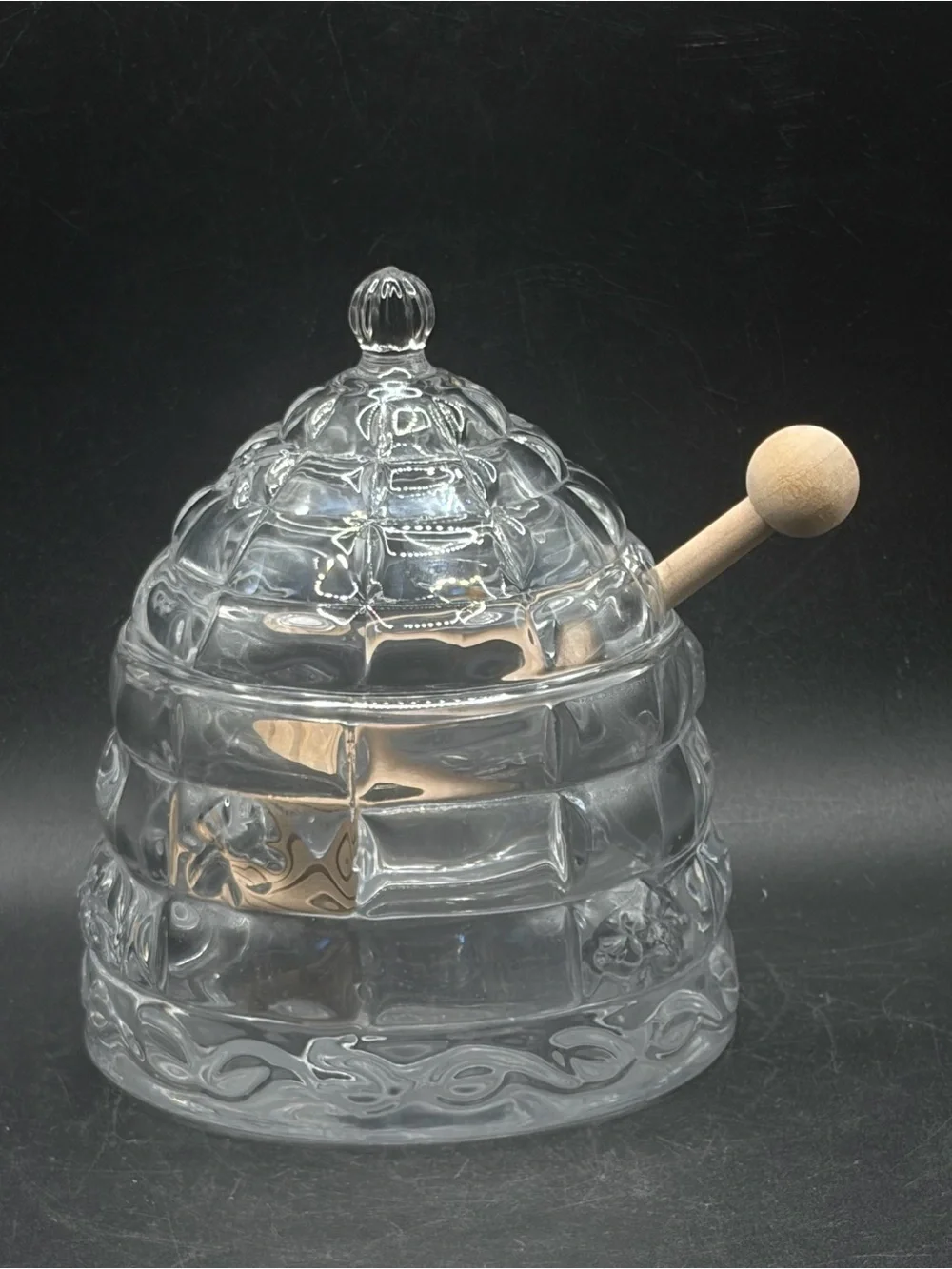 Crystal Beehive Honey Jar with Wooden Honey Dipper, Lidded Cottagecore Bee Jar